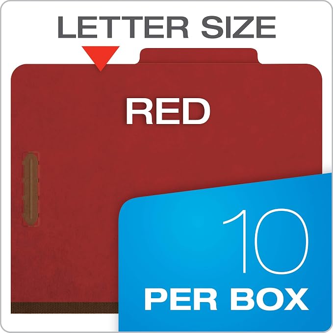 Pendaflex Recycled Classification File Folders, 1 Divider, 2" Embedded Fasteners, 2/5 Tab Cut, Letter Size, Red, Box of 10 (23775R)