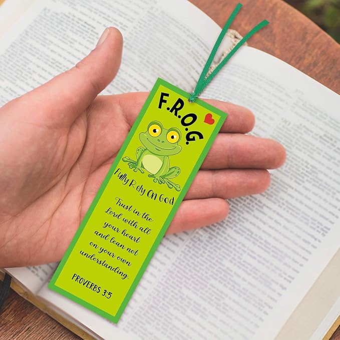 60 Pcs Fully Rely On God Frog Bookmarks Proverbs 3: 5 F.R.O.G. Christian Bible Verse Bookmark Gift Religious Inspirational Bookmark for Church Sunday School VBS(Fully Rely on God)