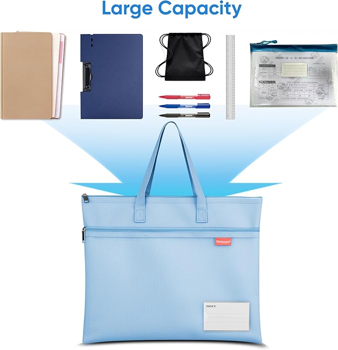 Wisdompro Waterproof Zipper Pouch, Large Mesh File Bag with Handle, Durable Triple Pocket Document Storage for Cross Stitch, Puzzle Project, Travel and Office - Blue