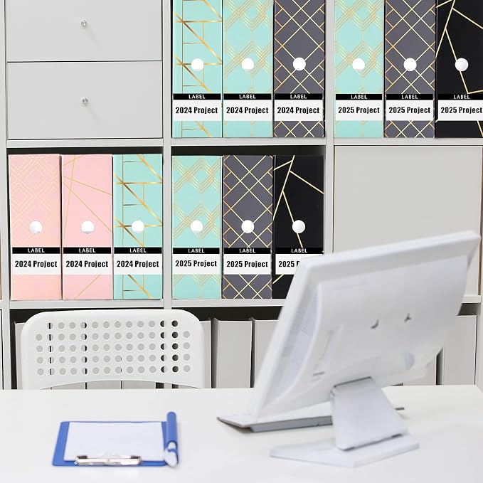 PerKoop 6 Pcs Decorative Magazine File Holders Floral Foldable File Folders Magazine Storage Boxes Rack Desk Organizer Documents with Printable Labels for School Office Home (Geometric Lines)