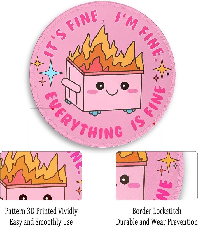 Pink Round Mouse Pad for Desk, Cute Office Decor for Women, Dumpster on Fire Small Mousepad,Stitched Edge Non-Slip Rubber Base, Personalized Computer Mouse Pads for Wireless Mouse,Desk Accessories