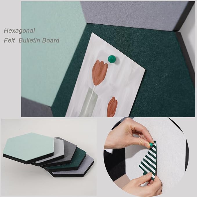10Pcs Self Adhesive Felt Board Tiles Hexagon Bulletin Board for Walls, Felt Cork Pin Board for Pictures Photos Memos with Push Pins (Color G)