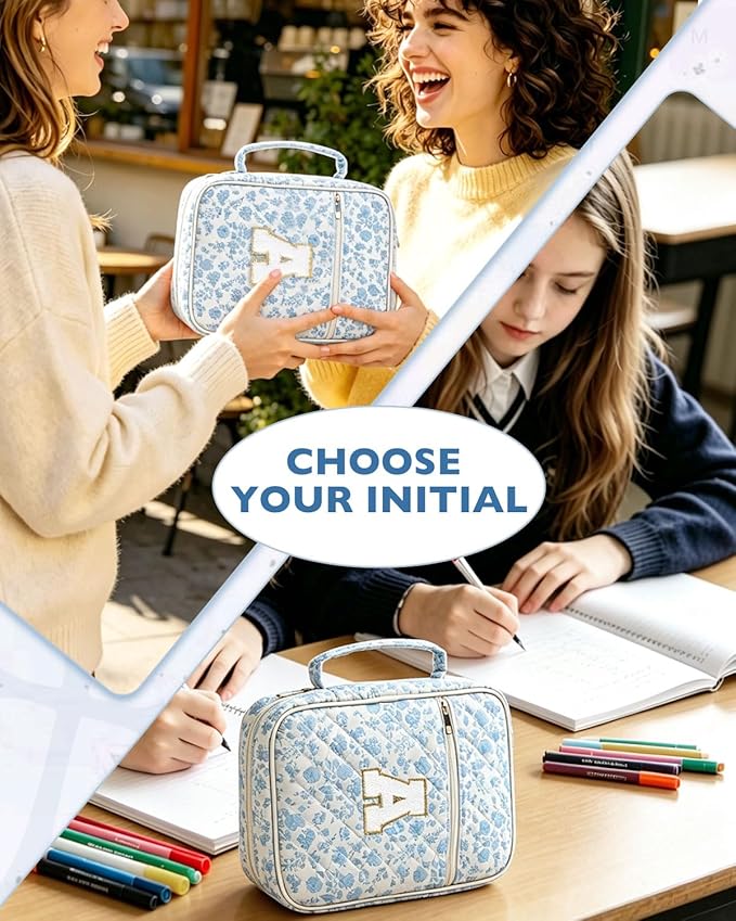Initial Bible Cover Case for Women Girls Kid Large Bible Cover with Durable Handle Quilted Bible Carrying Case for Girls Bible Study Supplies Accessories (Blue Flower N, one Size)