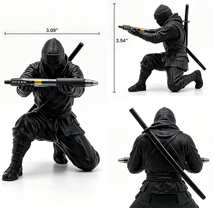 Ninja Warrior Pen Holder, 3D Printed Desk Organizer Stand with Sword and Weapon Accessories, Black, Set of 2