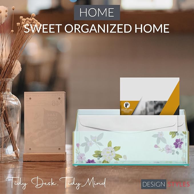 Papyrus Acrylic Mail Organizer – Green Aqua Desk Organizer with Double Sided Floral Prints – Small Letter Holder for Mail, Bills, Cards, and More – Desktop Stationary Organizer – Office Supplies