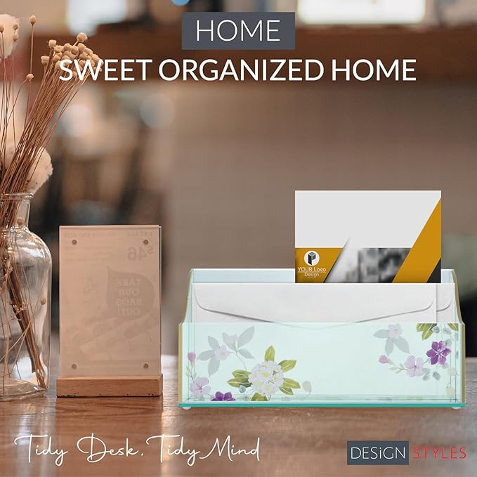 Papyrus Acrylic Mail Organizer – Green Aqua Desk Organizer with Double Sided Floral Prints – Small Letter Holder for Mail, Bills, Cards, and More – Desktop Stationary Organizer – Office Supplies
