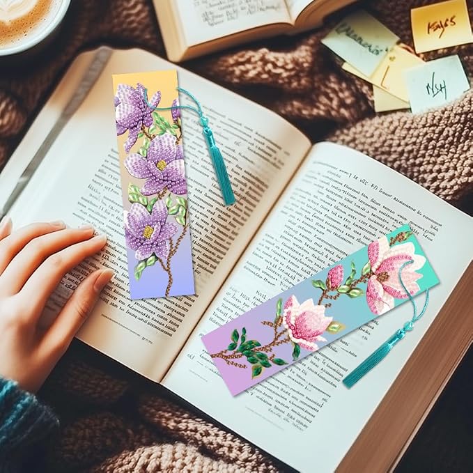 6Pcs Magnolia 5D Diamond Art Bookmarks Flowers Diamond DIY Painting Bookmarks Rhinestones Beaded Acrylic Tassel Bookmark for Adult Beginner Crafts