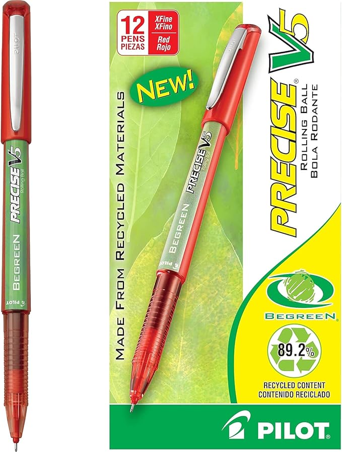 PILOT Precise V5 BeGreen Liquid Ink Rolling Ball Stick Pens, Extra Fine Point, Red Ink, 12 Count (26302)