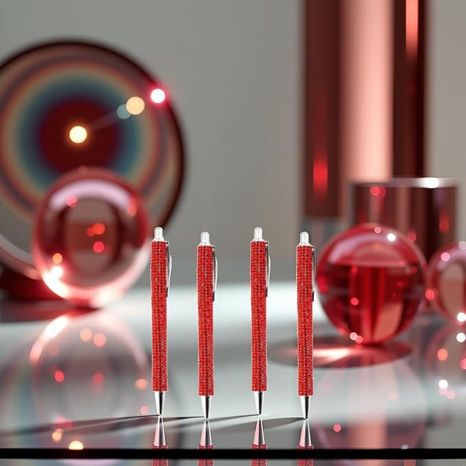 4Pcs Red Rhinestone Bling Metal Ballpoint Pens Stationery Press Pen Black Ink Gift Pens for Women Girls Coworkers Novelty Cool Signature Pen Writing and Correction Supplies Pens and Refills