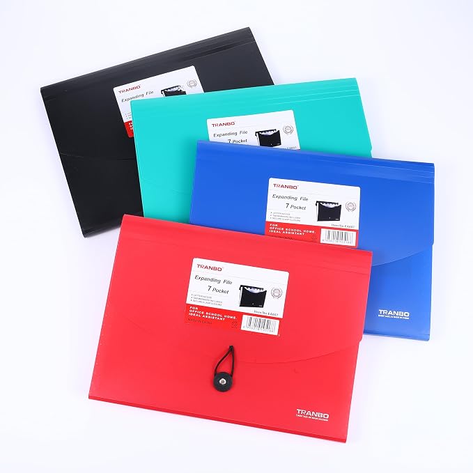 4 Pack 7-Pocket Plastic Accordion File Organizer, Expanding File Folder Expandable Document Holder with Index Tabs, A4|Letter Size for Office School Home Travel Supplies, 4 Colors