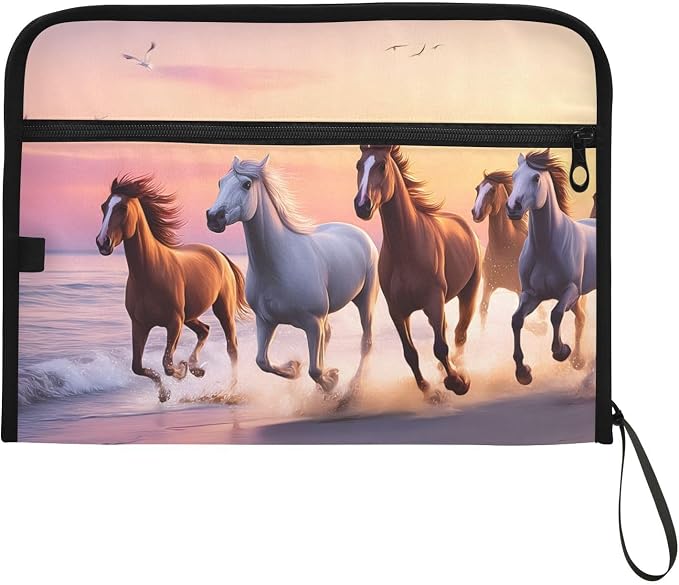 Expanding File Folder Beach Horse Accordion File Organizer 13 Pockets Document Organizer with Zipper Labels A4 Letter Office Storage