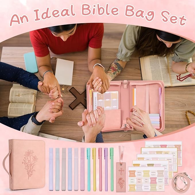 19PCS Floral Pink Leather Bible Cover for Women Bible Cover Cases for Teen Girls Christmas Gift Christian Bags Journaling Kit with Shoulder Strap Highlighter Pens & Book Marker 10.47 * 7.48 * 2.17in