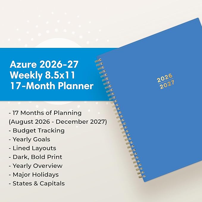 Blue Sky 17 Month 2026-2027 Weekly and Monthly Academic Year Planner Calendar, August 2026 - December 2027, 8.5" x 11", Flexible Cover, Wirebound, Laminated Tabs, Azure