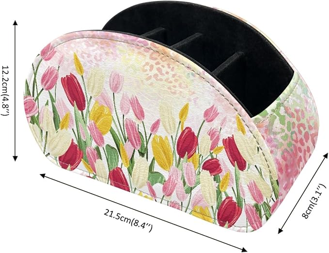 FUSURIRE Storage Box for Remote Controls, Easter Flower Leopard Print 5 Compartments PU Leather Remote Controllers Holder, Easter Theme Cosmetic Box Pen Pencil Organizer for Study Living Room