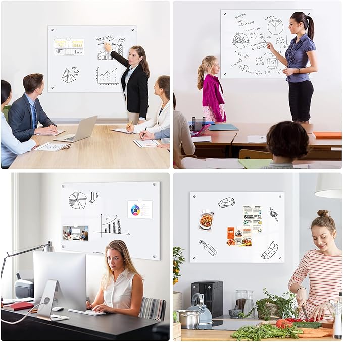 Magnetic Glass Whiteboard, 24" x 18" Dry Erase Board for Wall, Frameless White Board with 1 Marker Tray and 3 Magnets for Office, Home, Classroom -Ultra White
