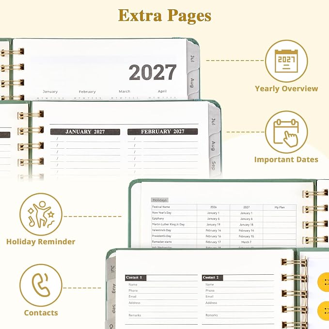 JoyCat Academic Planner 2026-2027, July 2026 - June 2027, A5 Weekly & Monthly Planner, Hardcover Agenda with Tabs, 5 Sticker Sheets, Elastic Closure & Pocket for Teachers & Students, 6.3" x 8.5", Green