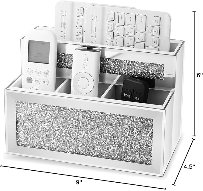 Mirrored Remote Control Holder, Crushed Diamond TV Remote Holder Wall Mount, Desk Organizers and Accessories for Phone, Pad, Pen and Pencil, Remote Caddy