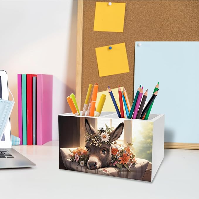 Rustic Floral Donkey Pen Holder for Desk, Donkey Gifts for Women Pencil Organizer, Farmhouse Animal Wildflower Wooden Box Sign Desk Decor for Home Office Decoration