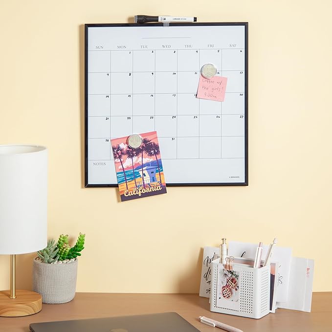 U Brands Magnetic Dry Erase Wall Calendar White Board, 14" x 14", Black Metal Frame, Includes Magnets and Marker