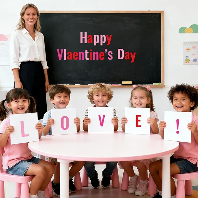 FYSUIMU 134 Pcs Valentine's Day Bulletin Board Letters Alphabet Number Symbol Paper Cutouts Pink Red Colored Decoration Letters Combo Set with 200 Pcs Glue Points for Home Classroom Party