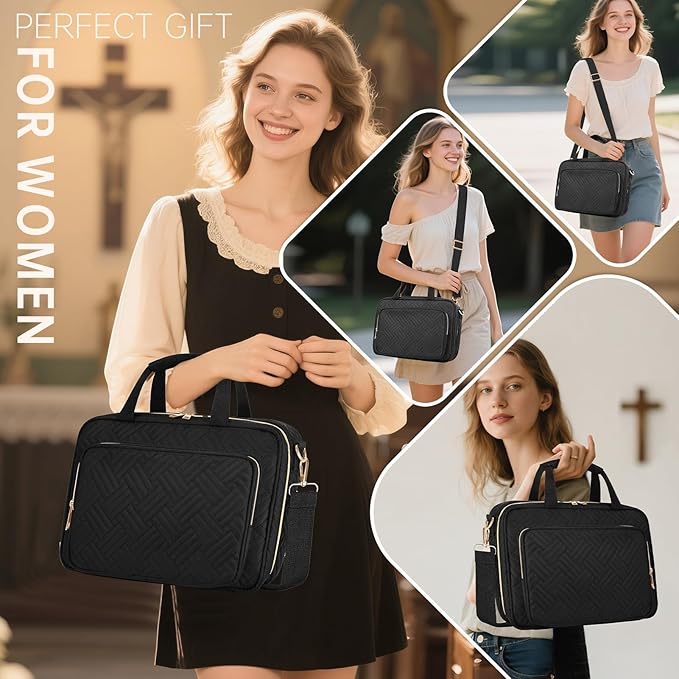 Bible Cover Case for Women Bible Study Supplies Christian Gifts for Women Church Camp Essentials Christian Bible Journaling Kit Quilted Large Bible Cover with Durable Handle (Black, Large)