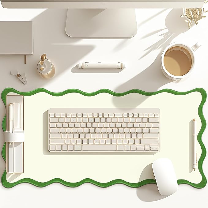 Hahafelt Scalloped Desk Mat Large Desk Pad Cute Coquette Table Mat Back to School Preppy Table Make up Pad Nonslip Graduation Gift with Stitching Waterproof Gaming(Green,31.5 x 15.8 Inches)