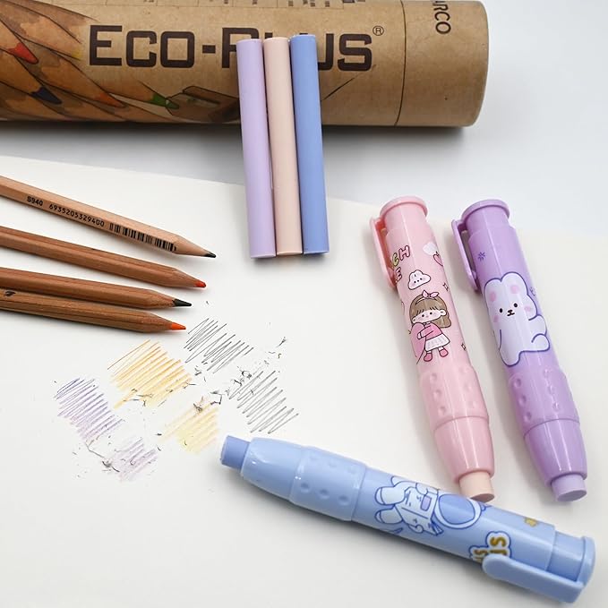 Cute Pencil Erasers, Kids Retractable Erasers with Refills, Standard Pen-Style Erasers, Fun Click Erasers, Kawaii Japanese Stationery Supplies (Purple)