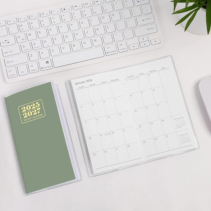 Pocket Calendar 2025-2027, Monthly Purse Planner (6.7" x 3.7") Runs from July 2025 to December 2027, Solid Green Pocket Calendar with PVC Cover for Planning, Organizing, and Office Use