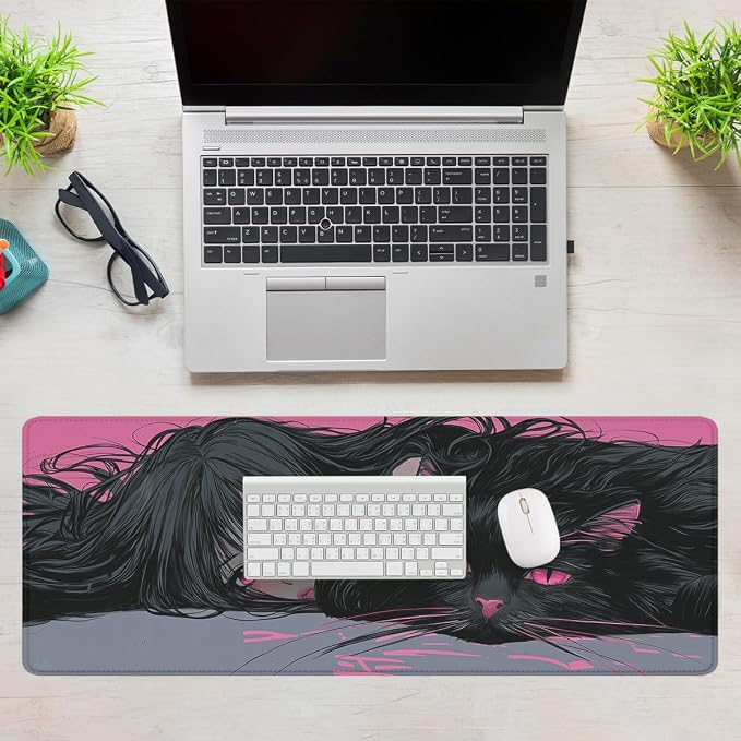 Anime Girl Desk Mat Gaming Mouse Pad Dark Hair Girl Black Cat XL Mousepad Large Mousepad Extended Laptop Keyboard Mat Gaming Desk Pad Mouse Mat Office Computer Keyboard 31.5"x11.8"