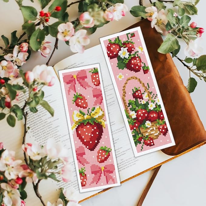 BEUNITONE 6PCS Cross Stitch Bookmarks Kit for Adults Beginners,Strawberry Book Mark DIY Stamped Embroidery Bookmark Kits with Backing Felt Floss,8.5''x3'' Page Markers for Students Teachers Reading