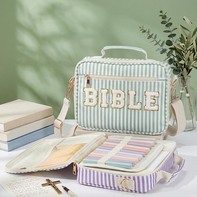Dansydaisy Bible Cover Case for Women Large Chenille Letter Stripe Church Bible Bag with Shoulder Strap for Women (Sage Green)