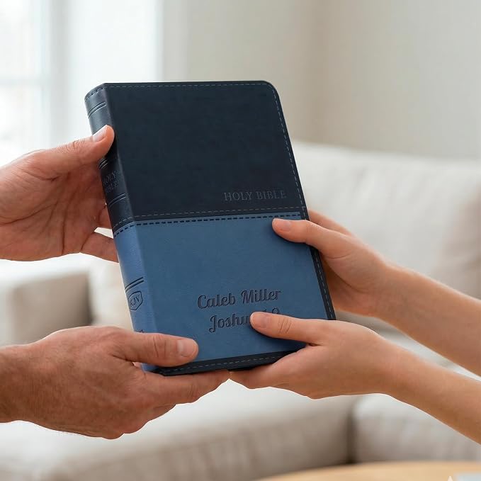 Printualist Personalized KJV Value Thinline Holy Bible with Name Engraved, Red Letter King James Version, Faux Leather Navy Cover, Custom Gift Bible for Christian Celebrations