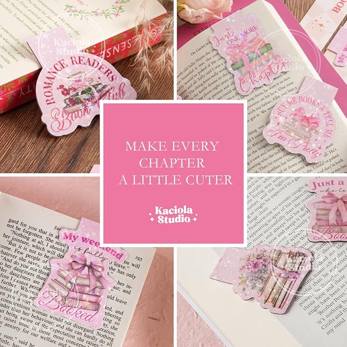 Kaciola Studio 12PCS Glittery Magnetic Bookmarks for Women, Pink Booklovers Theme Funny Magnetic Bookmarks, Magnets Cute Book Marks for Book Lovers Gifts, Cute Gifts for Booklovers Reader Girls