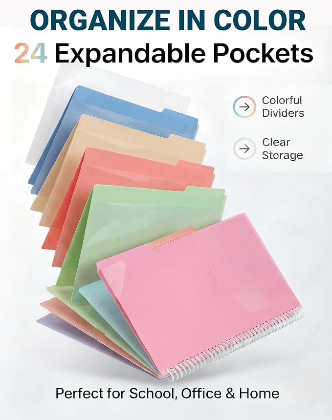 24 Pocket Spiral Project Organizer Folder, Morandi Color Multi Pocket Folder with Inner Zipper Pouch for School, Office, Bills and Documents