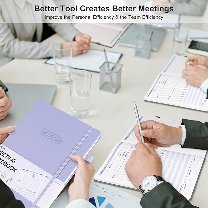 WEMATE Meeting Notebook for Work, Work Planner Notebook With Action Items, B5 Size Project Planner, Easily Take Meeting Notes & Keep Agendas on Track, Calender, Index Page, Inner Pocket, 7×10 Inch, Purple