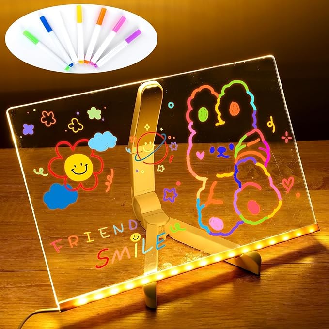 LED Note Board with Colorful Pens, Acrylic Dry Erase Light Up Writing Board, 11.8 x 7.9 Inch, with Stand for Family, Office, School, Bar, Cafe
