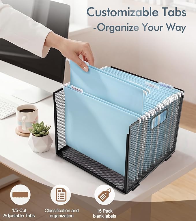 Plastic Hanging File Folders Letter Size, Colored Hanging File Folders with Tabs, Durable Waterproof Plastic Hanging Folders for Filing Cabinets, Office, School & Home Organization (15, Blue)