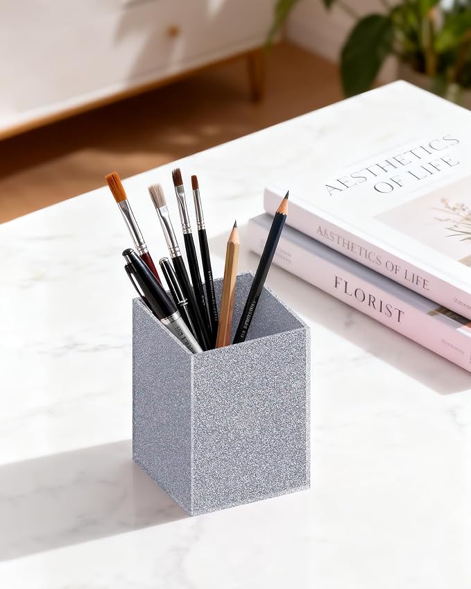 Siler Glitter Acrylic Pen Holder, Acrylic Makeup Brush Storage Organizer, Pencil Pen Holder for Desk, Modern Desktop Accessories for Office School Home Supplies