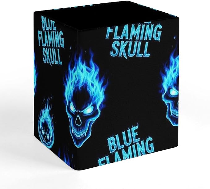 Holder Cup Makeup Brush Storage Organizer, Waterproof Multifunctional Office Supplies, Pen Holder Square Leather Pencil Blue Flaming Fire Skull