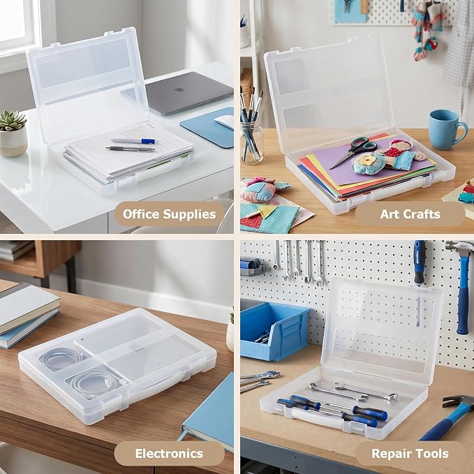 SAYEEC Portable Project Case Plastic File Storage Box with Handle Transparent Scrapbook Container for 8.5"x11" Letter A4 Paper Magazine Book Protector Travel Carrying Case for Photo Art Craft Office