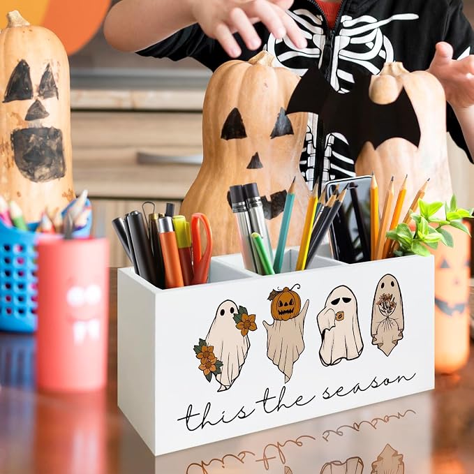 Funny Ghost Halloween Pen Holder for Desk, Spooky Pumpkin Wooden Box Sign Desk Decor for Home Office Decoration, Cute Ghost Pencil Organizer, Fall Halloween Decor