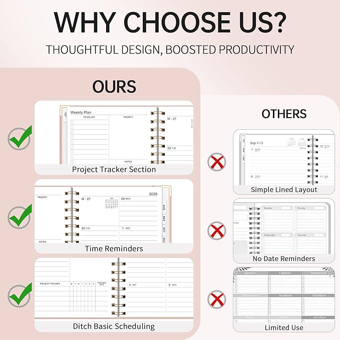 Academic Planner 2026-2027, Weekly and Monthly, A5 Size (5.7" x 8.3"), July 2026 - June 2027, To-do List for Tracking, for School, Home, Office, Hardcover, 12-Month Tabs (Pink)