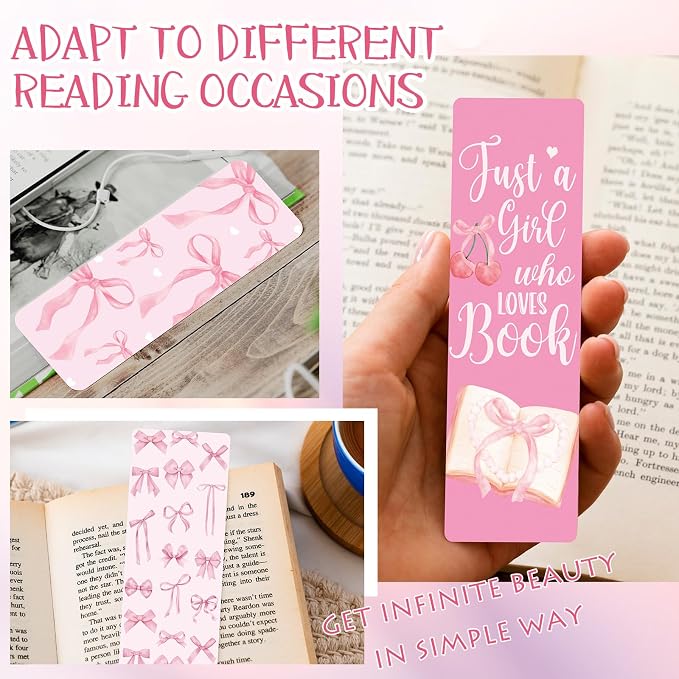 Coquettte Bows Paper Bookmarks for Women - 24 Pcs Pink Bow Cherry Paper Bookmarks for Girl, Cute Panda Cowboy Hat Bookmarks Creative Gift for Girlfriend Student Teacher Book Lover