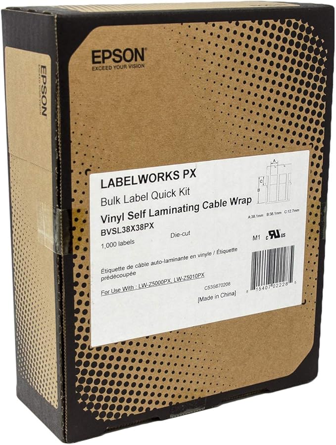 Epson LABELWORKSPX BVSL38X38PX Genuine Die Cut Bulk Self Laminating Overwrap Vinyl Tape - Black on White Flexible and Durable Industrial Label Maker Tape - 1.5" x 1.5" Wide, 1000 Labels per Roll