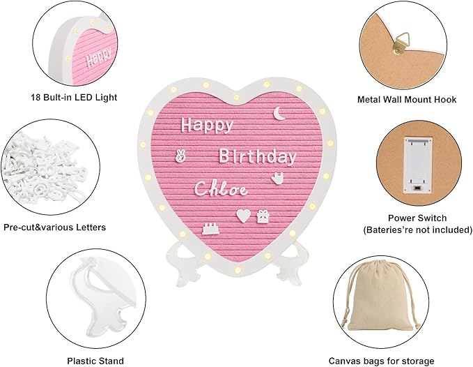 Heart-Shaped Felt Letter Board with Built-in LED Lights,10x10 Light-up Message Board with 663 Pre-Cut Letters,Cursive letters for Valentine’s Day Birthday Party,Pregnancy Announcement,Wedding