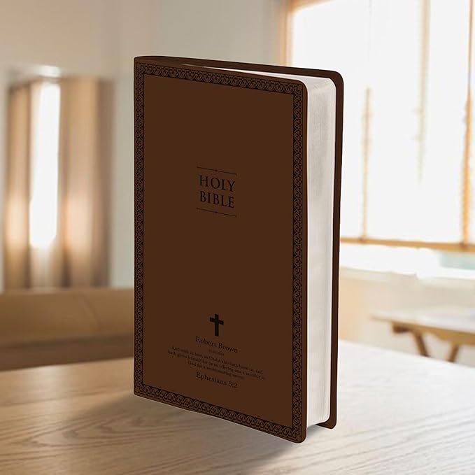 Personalized NIV Thinline Holy Bible with Custom Name Includes Up to 3 Rows of Text Debossed Imprinted on Faux Leather Cover | Custom Gift for Christian & Religious Celebrations (Brown)
