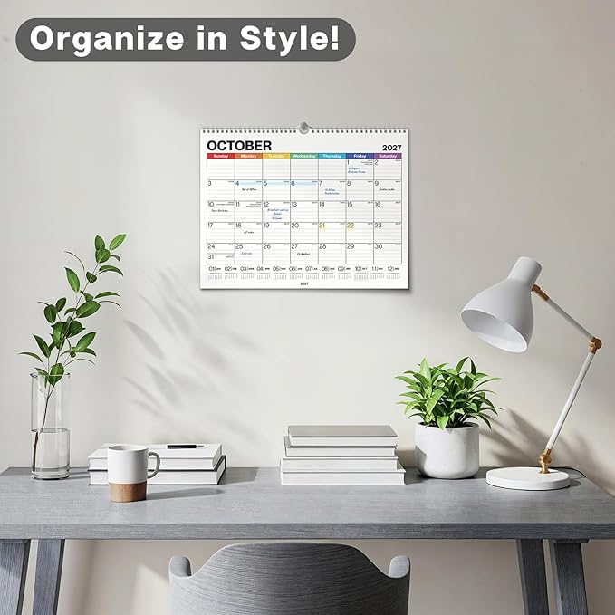 Dunwell 12x15 Wall Academic Calendar 2026-2027 (Colorful), Use July 2026 to December 2027, Large Lined 12 x 15 Monthly Hanging Calendar, Professional Styling for Home Office or School, Premium Paper
