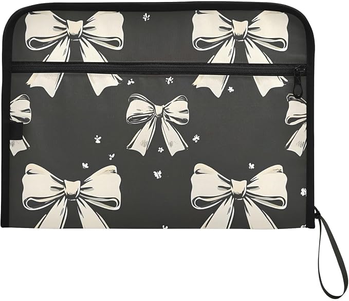 Expanding File Folder Black White Bow Accordion File Organizer 13 Pockets Document Organizer with Zipper Labels A4 Letter Office Storage