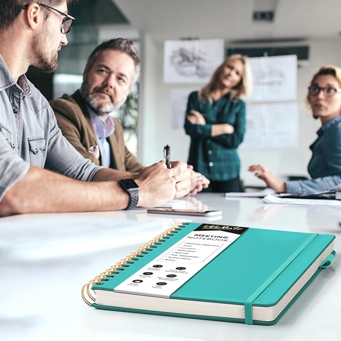 WEMATE 5 Pack Meeting Notebooks for Work(7"x10") 200 Pages, PU Leather Notebook with Action Items & Note, For Staff & Students, Meeting, Projects Planning- Light Purple, Blue, Rose Gold, Green, Black