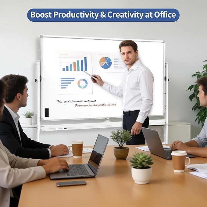 Large Double Sided Whiteboard 72x40 inches on Wheels, Height Adjustable Mobile Magnetic Dry Erase Board with Rolling Stand for Office Meetings, Classroom Teaching, Home, Silver Frame